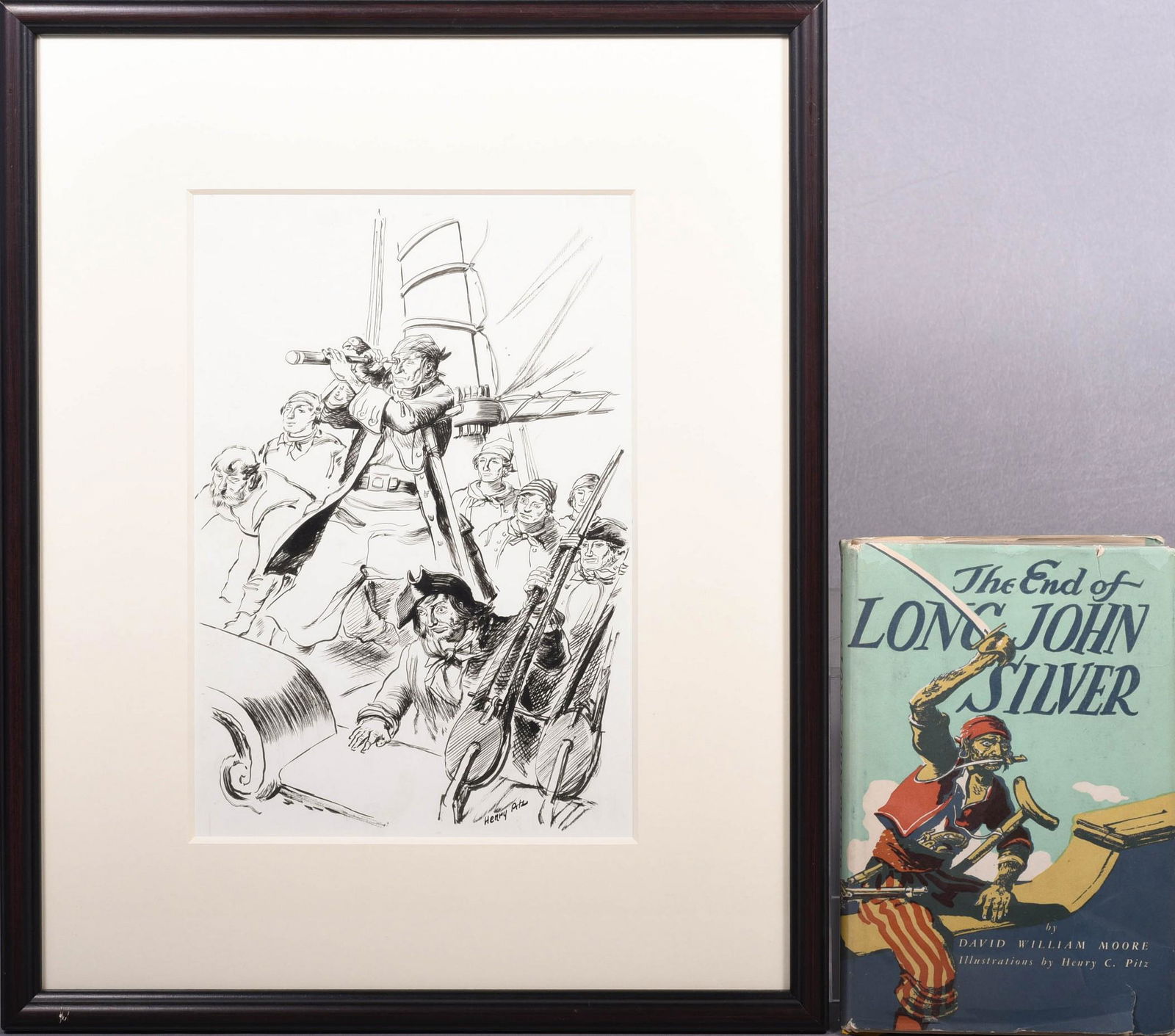 Henry Pitz Illustration "Long John Silver": Henry Pitz (American, 1895-1976) illustration "Long John Silver", original illustration for "The End of Long John Silver" by David William Moore, p. 89, ink on paper, signed "Henry Pitz", 11" x 7-1/2"