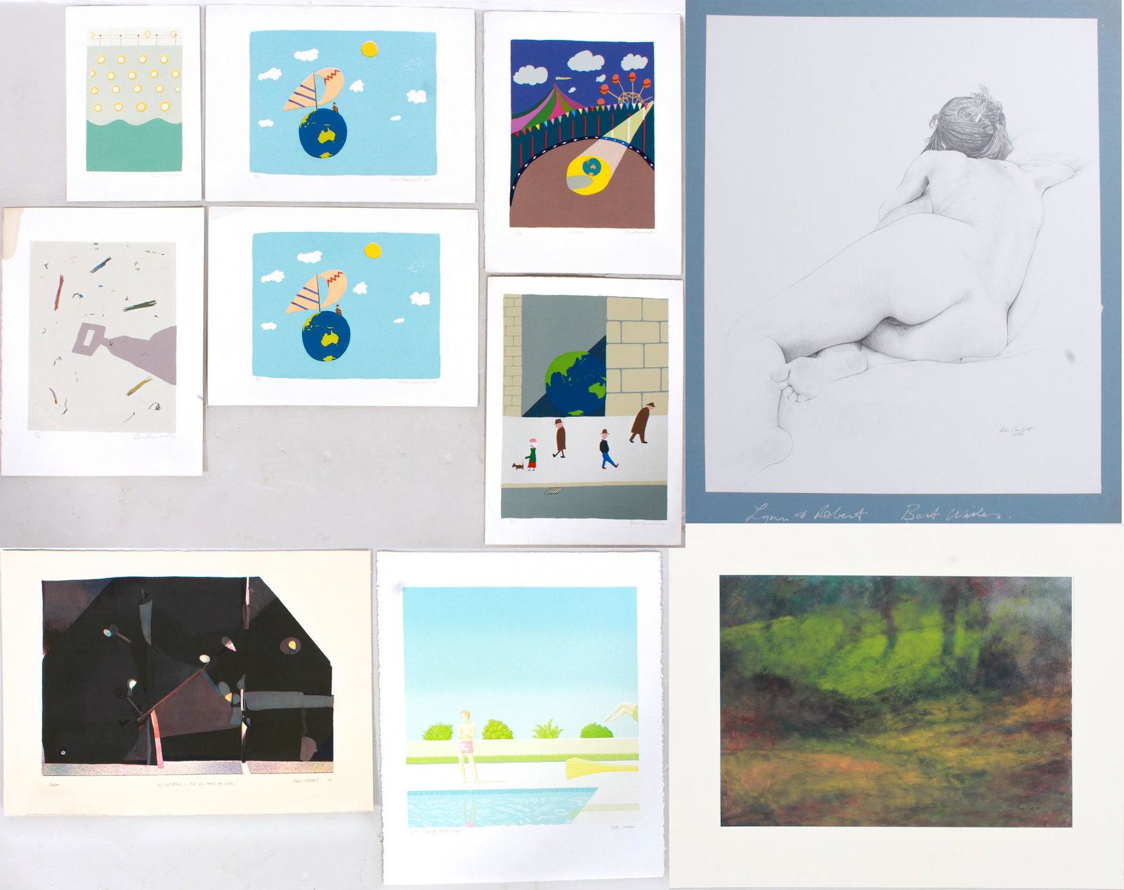(9) Artworks Various Australian Artists: (9) Artworks by various Australian artists, drawing of a nude, signed "Peter Corbett 1986"; landscape, oil on paper, signed "Tony Flint '94"; "In My Room", color lithograph, signed "John Neeson '81"; 