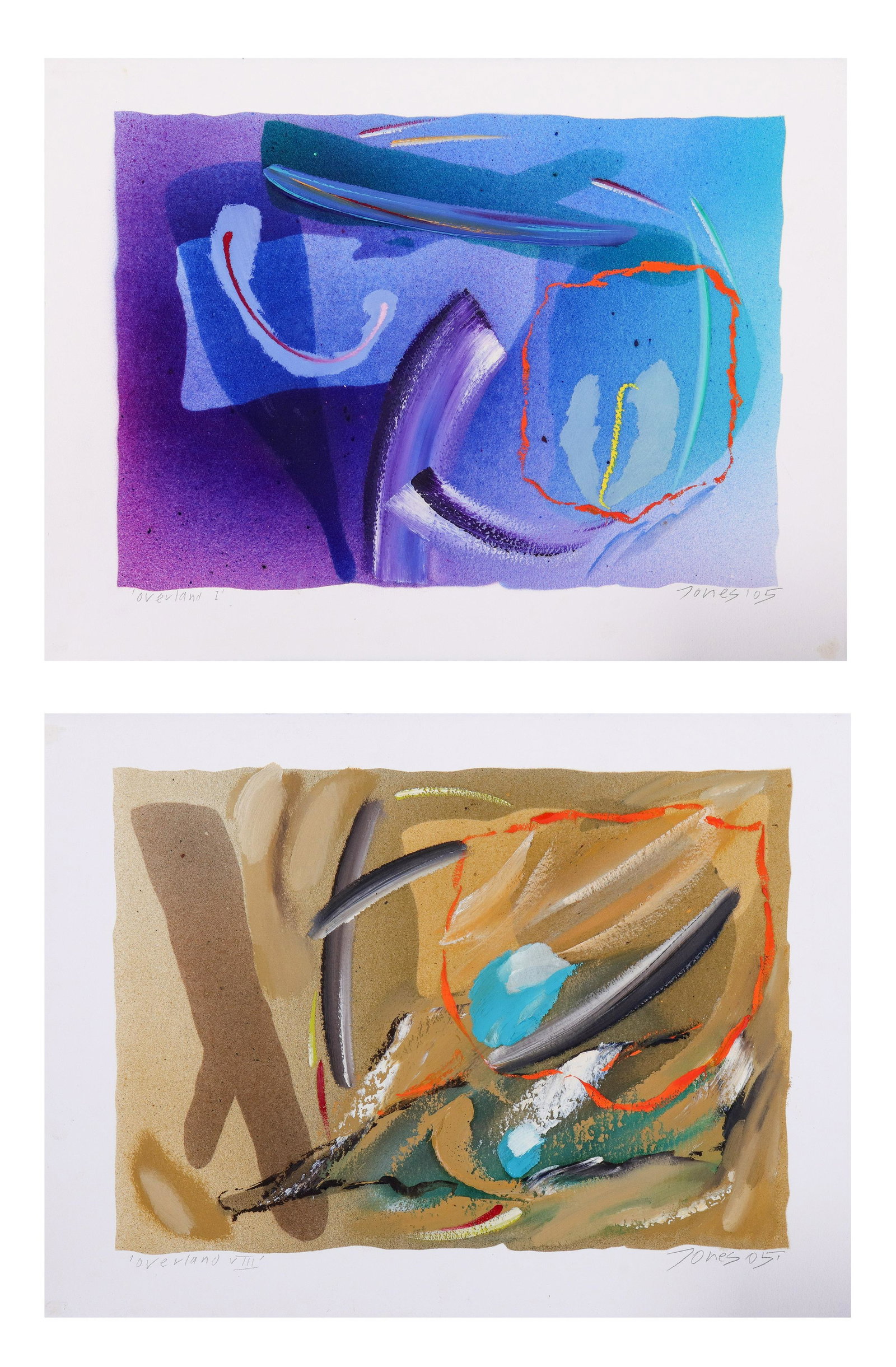 (2) Martyn Jones unframed works, "Overland I" and: (2) Martyn Jones (Welsh, b 1955) unframed works, "Overland I" and "Overland VIII", mixed media on Arches paper, pencil signed "Jones '05", 22-1/2" x 30-1/2 sight, very good condition, Robert Steele Ga