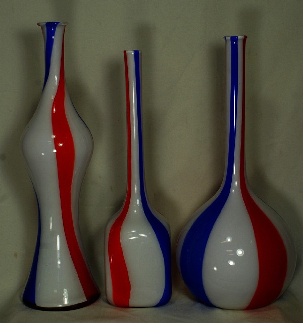 3 pcs of Italian red, white & blue glass, tallest m: 3 pcs of Italian red, white & blue glass, tallest measuring 18" h, 20th c