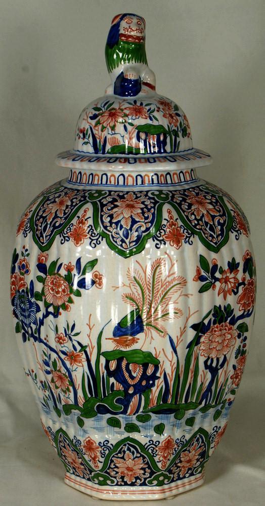 Dutch polychrome faience melon ribbed covered jar w: Dutch polychrome faience melon ribbed covered jar with lion finial, approx 17 1/2"h, 19th c