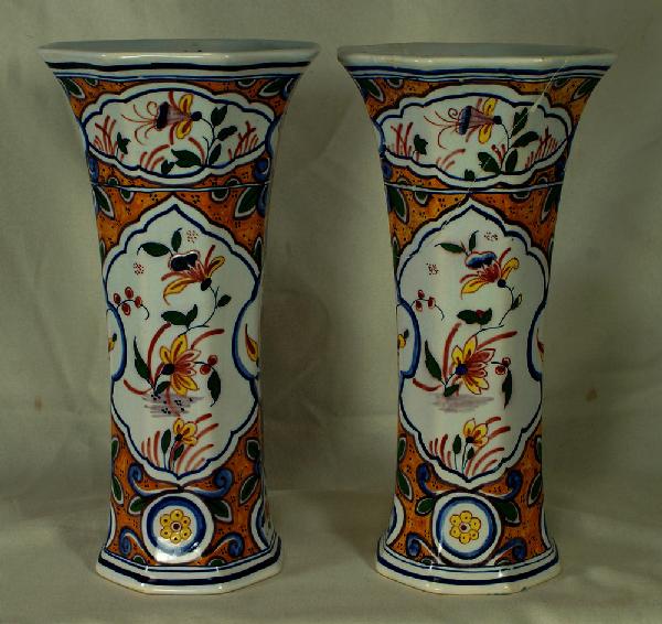 Pr of Dutch faience polychrome vases, 11" h, 19th c: Pr of Dutch faience polychrome vases, 11" h, 19th c, one unmarked, marked on has damage, 19th c