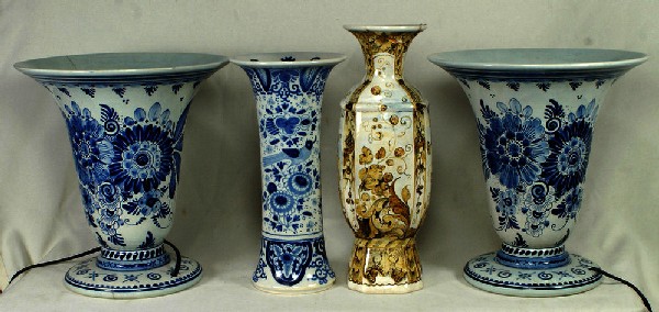 4 pcs of Delft and Dutch faience pottery, c/o a pr: 4 pcs of Delft and Dutch faience pottery, c/o a pr of vases mounted as uplights, crack to one, with a blue and white baluster vase, approx 9" h with rim restoration, and a brown polychrome vase with e