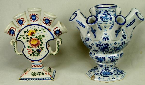 2 Dutch faience tulip vases, one in polychrome wit: 2 Dutch faience tulip vases, one in polychrome with chip to base, other is blue and white with chip to base, 8 1/2" h, 19th/20th c, marked on base