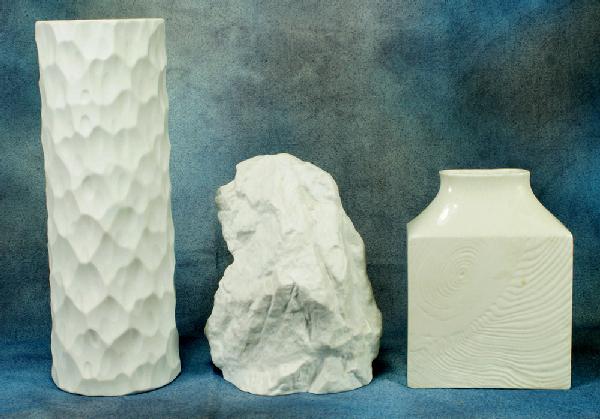 3 assorted white vases, one naturalistic marked "K: 3 assorted white vases, one naturalistic marked "KPM", one cylinder vase marked "Germany" and one square vase marked "Sgrato Modern Germany", mid-20th c, tallest 10"
