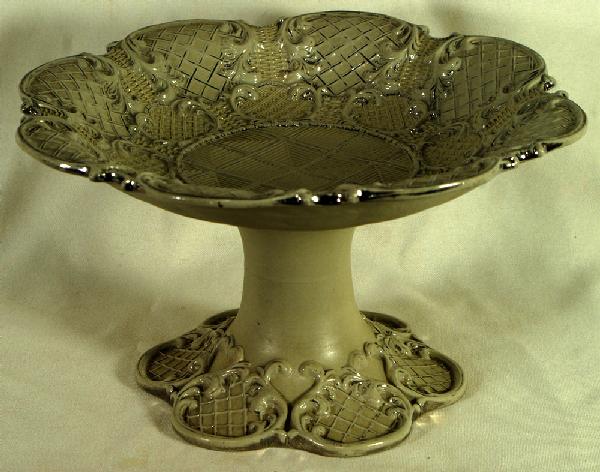 Mettlach compote with silver trim, 19th c, approx : Mettlach compote with silver trim, 19th c, approx 6" h x 10 1/4" diameter
