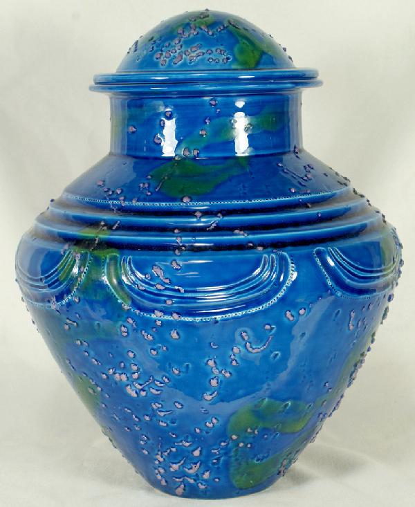 Large covered mid-century modern jar, marked "Raym: Large covered mid-century modern jar, marked "Raymor Italy", 12" h