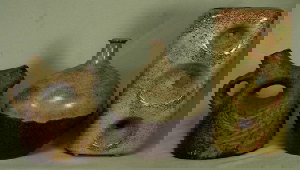 3 mid-century pottery vase, the bulbous vase with: 3 mid-century pottery vase, the bulbous vase with a Raymor paper label to base, minor chipping at lip, the other is unmarked, the tallest measures 10" h