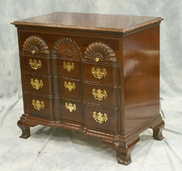 Mahogany block and shell carved Chippendale style: Mahogany block and shell carved Chippendale style 4 drawer bureau, American Masterpiece Collection by Hickory, 34 1/2" w, 34" h, light surface blemishes