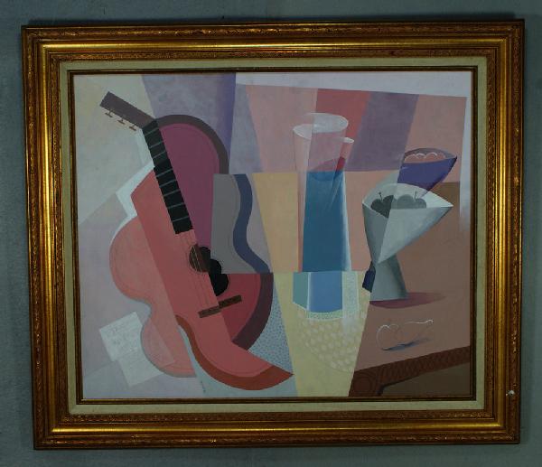 Seymour Zayon, American, b 1930, acrylic on arti: Seymour Zayon, American, b 1930, acrylic on artist board, Still Life Cubism w/ Guitar, 20" x 24"