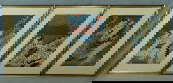 3 19th c framed Japanese wood block prints, 13" h: 3 19th c framed Japanese wood block prints, 13" h x 9" w