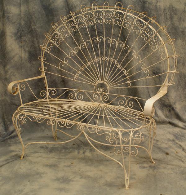 3 piece wire patio set, rolled edge fan back desi: 3 piece wire patio set, rolled edge fan back design with a sunburst seat, flat steel rolled arms, settee 51" w, 48 1/2" h, armchairs 26" w, 48" h