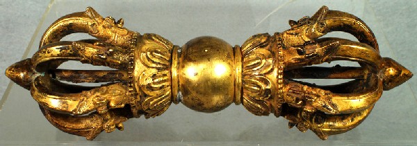 Important Tibetan fire-gilt bronze dorje or vajra: Important Tibetan fire-gilt bronze Buddhist ritual object known as either a Dorje or Vajra, 18th or 19th c, approx 10" l