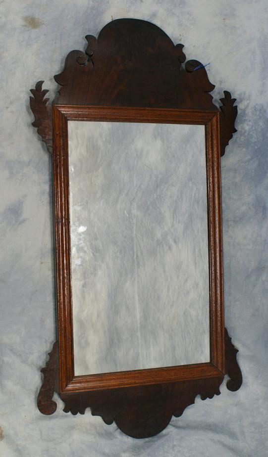 Mahogany Chippendale style fretwork wall mirror,: Mahogany Chippendale style fretwork wall mirror, 34" h, good original mirror except for some missing glue blocks, replica glass