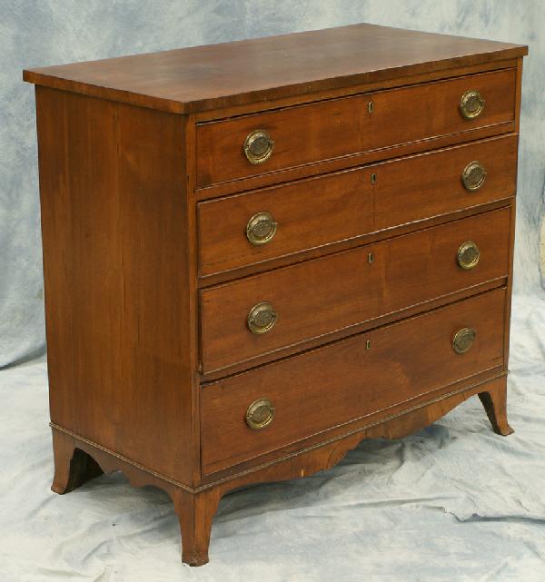 4 drawer walnut Hepplewhite chest with French fee: 4 drawer walnut Hepplewhite chest with French feet, replaced brasses, 41 1/2" w, 38 1/2" h, 21" d