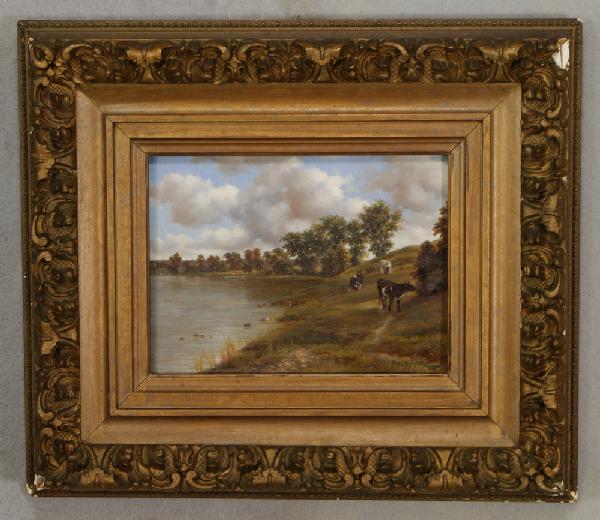 Henry Harold Vickers, Canadian, 1851-1918, oil on: Henry Harold Vickers, Canadian, 1851-1918, oil on artist board, titled and dated "On the Rideau, Back of the Old Rifle Range, Ottawa, Vickers, June 18, 1898" verso, 6" x 8", period gilt plaster frame,