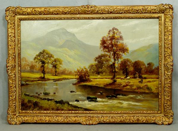James Turner, 20th c, o/c, Catlle by Stream in Mo: James Turner, 20th c, o/c, Cattle by Stream in Mountain Landscape, 24" x 36", excellent condition
