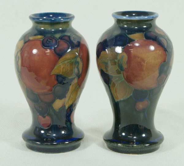 Pr Moorcroft vases, approx 4" h, marked to base ": Pr Moorcroft vases, approx 4" h, marked to base "Made in England, M45", early 20th c