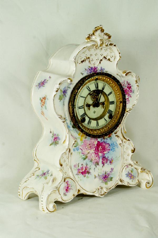 Ansonia china case clock, white Royal Bonn case w: Ansonia china case clock, white Royal Bonn case with pink & blue foral decoration