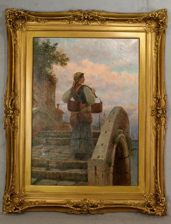 Nazzarreno Cipriani, Italian, 1843-1925, o/c, Fis: Nazzarreno Cipriani, Italian, 1843-1925, o/c, Fisherwoman Waiting for Return, 32" x 24", old L-shaped repair