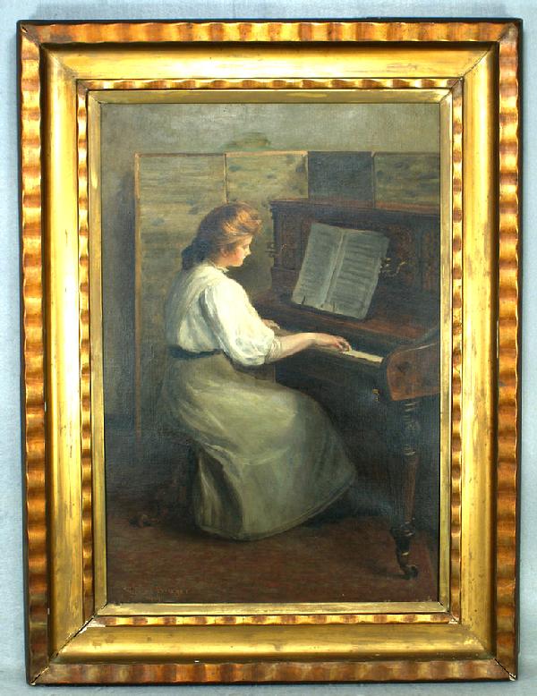 Samuel Bouget (Bouquet?), Continental, 19th/20th : Samuel Bouget (Bouquet?), Continental, 19th/20th c, O/C, 30 1/2" x 20", young girl at piano, signed & dated 1909, minor damage to canvas, nicely framed