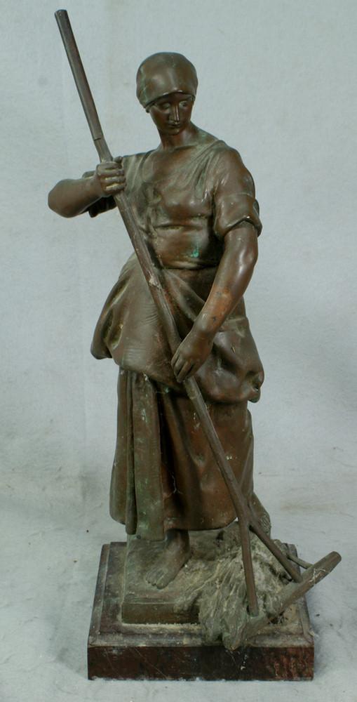 A. Larroux, France, 1859-1913, bronze sculpture d: A. Larroux, France, 1859-1913, bronze sculpture depicting a peasant woman, signed A Larroux on base, impressed foundry mark 852B/SIOT/PARIS on base also, 17 1/2" tall on a brown marble base, some chip