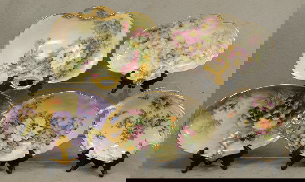 (5) Floral decorated double or single handled por: (5) Floral decorated double or single handled porcelain shallow bowls, Bernardaud (2), Dresden, William Guerin (2), largest 11"