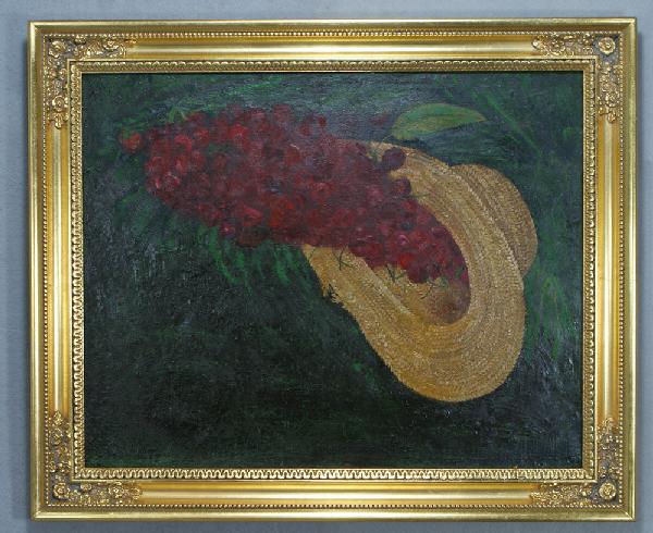 American School, 19th/20th c, o/c, Straw Hat and: American School, 19th/20th c, o/c, Straw Hat and Cherries, 16" x 20"