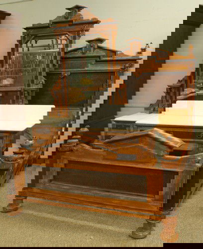 3 pc walnut and maple Victorian BR set with marb: 3 pc walnut and maple Victorian BR set with marble tops on dresser and washstand, bed 87 1/2" tall, 62 1/2" w, dresser 89 1/2" tall, 55 3/4" w, 22" d