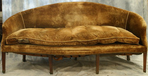English Hepplewhite sofa, spade feet, loose cushi: English Hepplewhite sofa, spade feet, loose cushion seat, 74 1/2" long, 38 1/2" high, left middle leg loose, center back leg braced, oak secondary framing