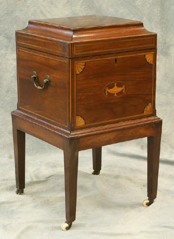 Inlaid mahogany Georgian Hepplewhite cellarette,: Inlaid mahogany Georgian Hepplewhite cellarette, lid with sunburst inlay, front with 1/4 fan and urn inlay, interior fitted for 4 bottles, 14 3/4" square, 28" high