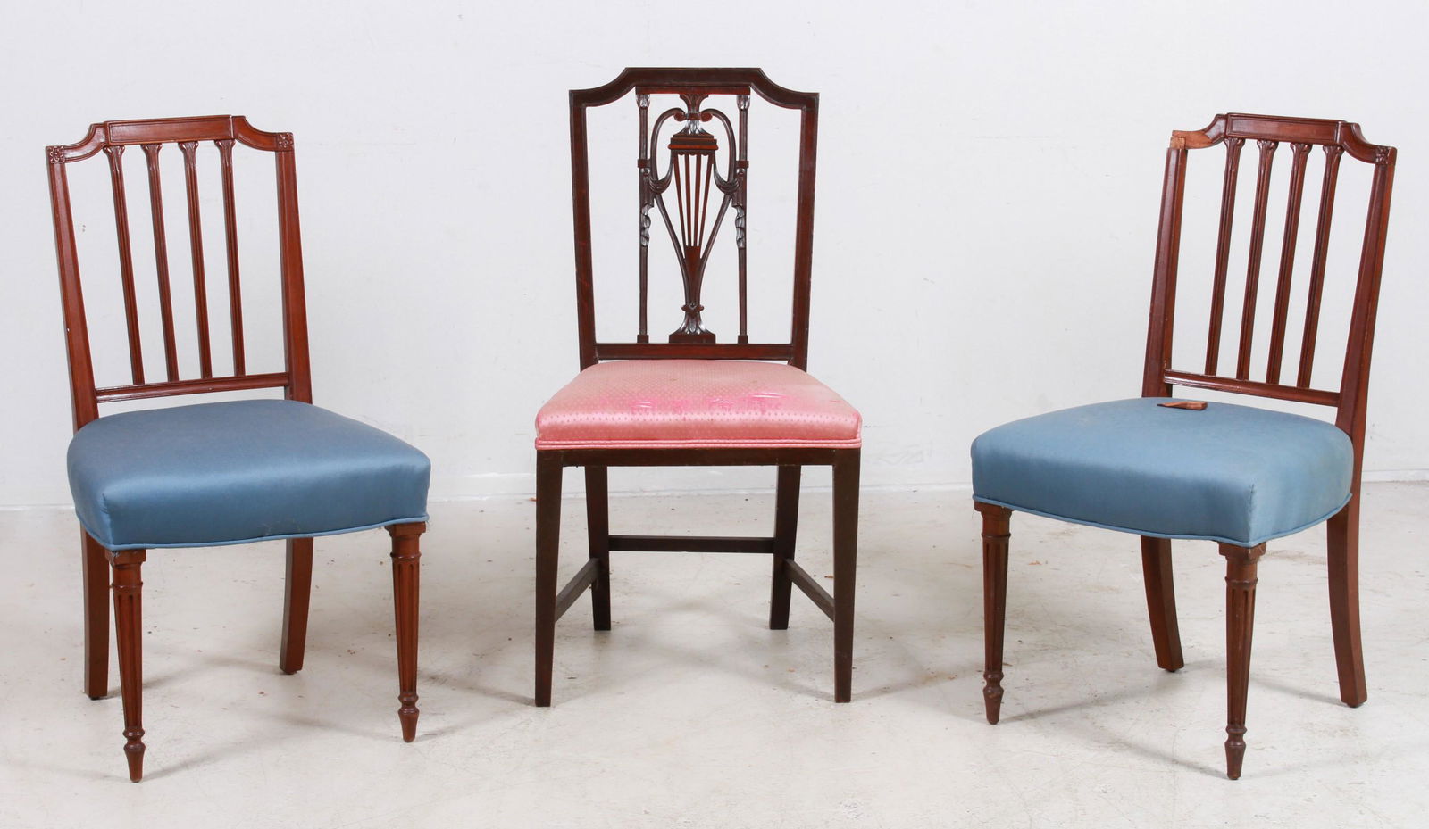 Pair Louis XVI style mahogany carved side chairs, (1 of 3)