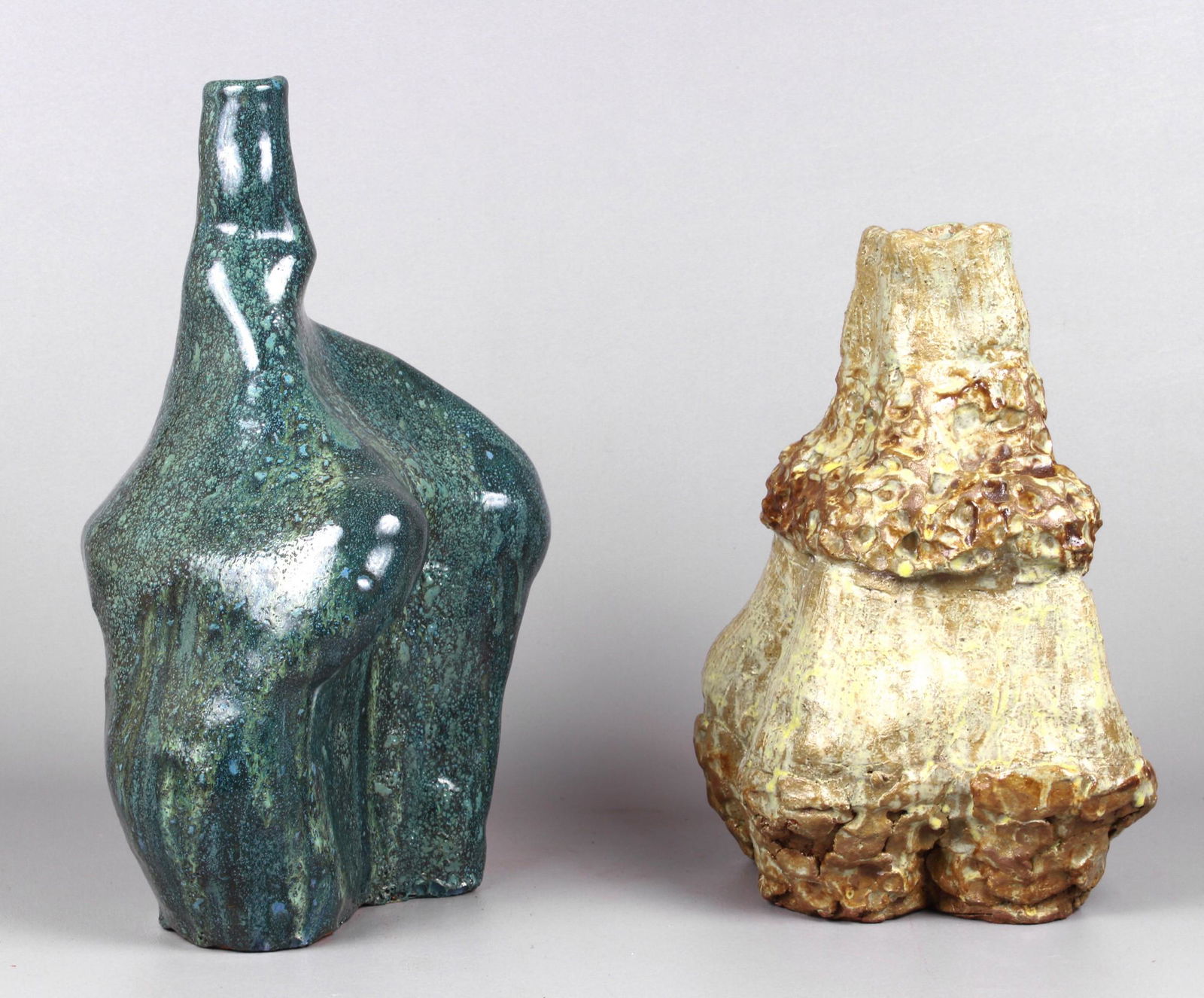 (2) George Ohr Style Art Pottery Vases: (2) George Ohr style art pottery vases, 13" H and 16" H, unsigned