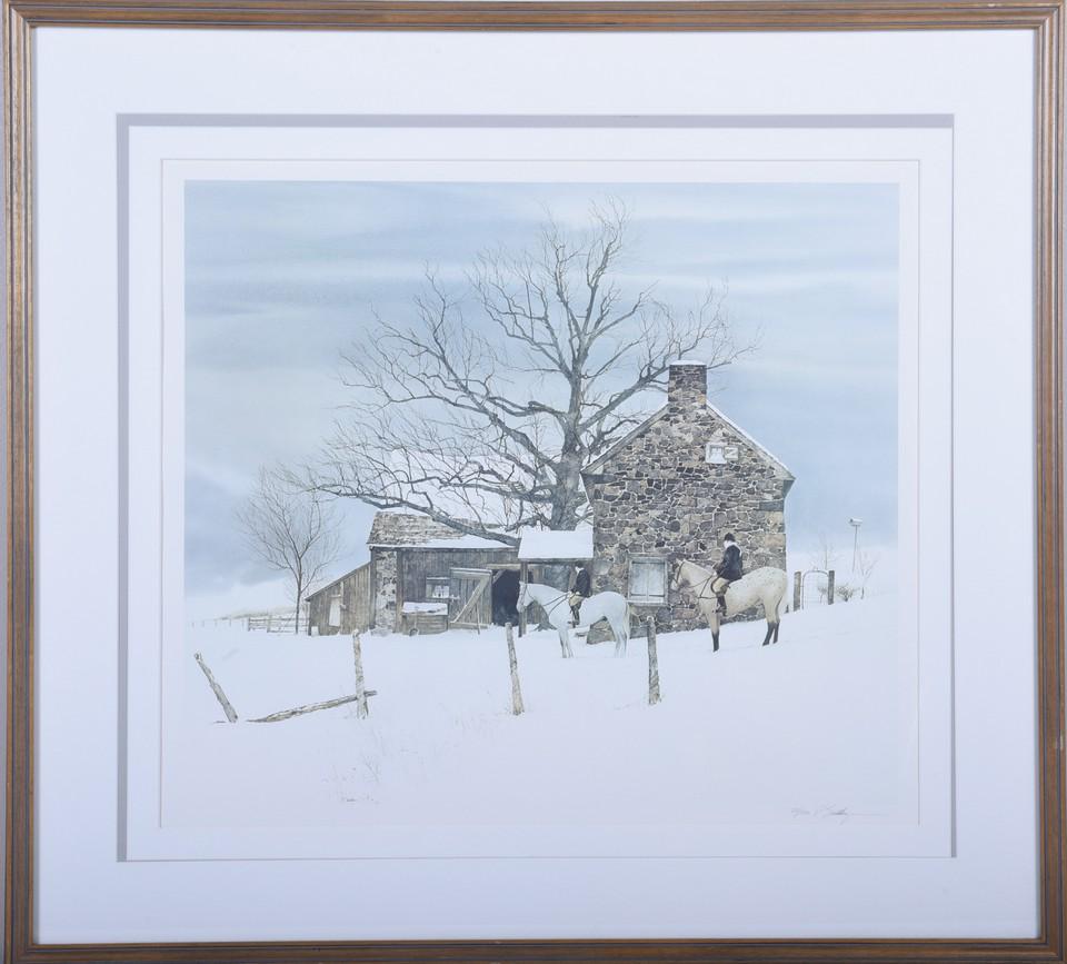 Peter Sculthorpe Lithograph "Winter Huntsman": Peter Sculthorpe (American, b 1948) PA artist, lithograph "Winter Huntsman", lithograph on paper, pencil signed "P. Sculthorpe", edition 512/550, 20" x 23" image, framed 31-1/4" x 34-1/4", good condit