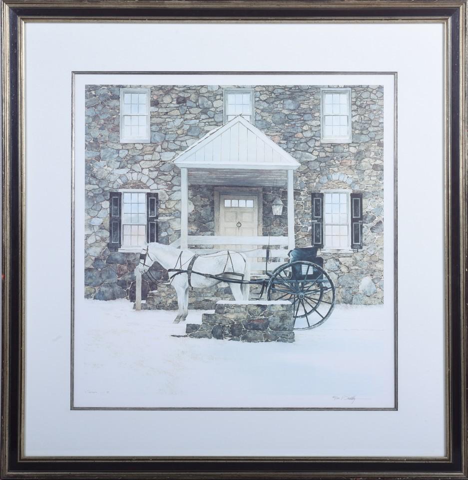 Peter Sculthorpe Lithograph "Evening Visit": Peter Sculthorpe (American, b 1948) PA artist, lithograph "Evening Visit", lithograph on paper, pencil signed "P. Sculthorpe", edition 447/500, 20" x 19-1/4", framed 30-3/4" x 30", good condition