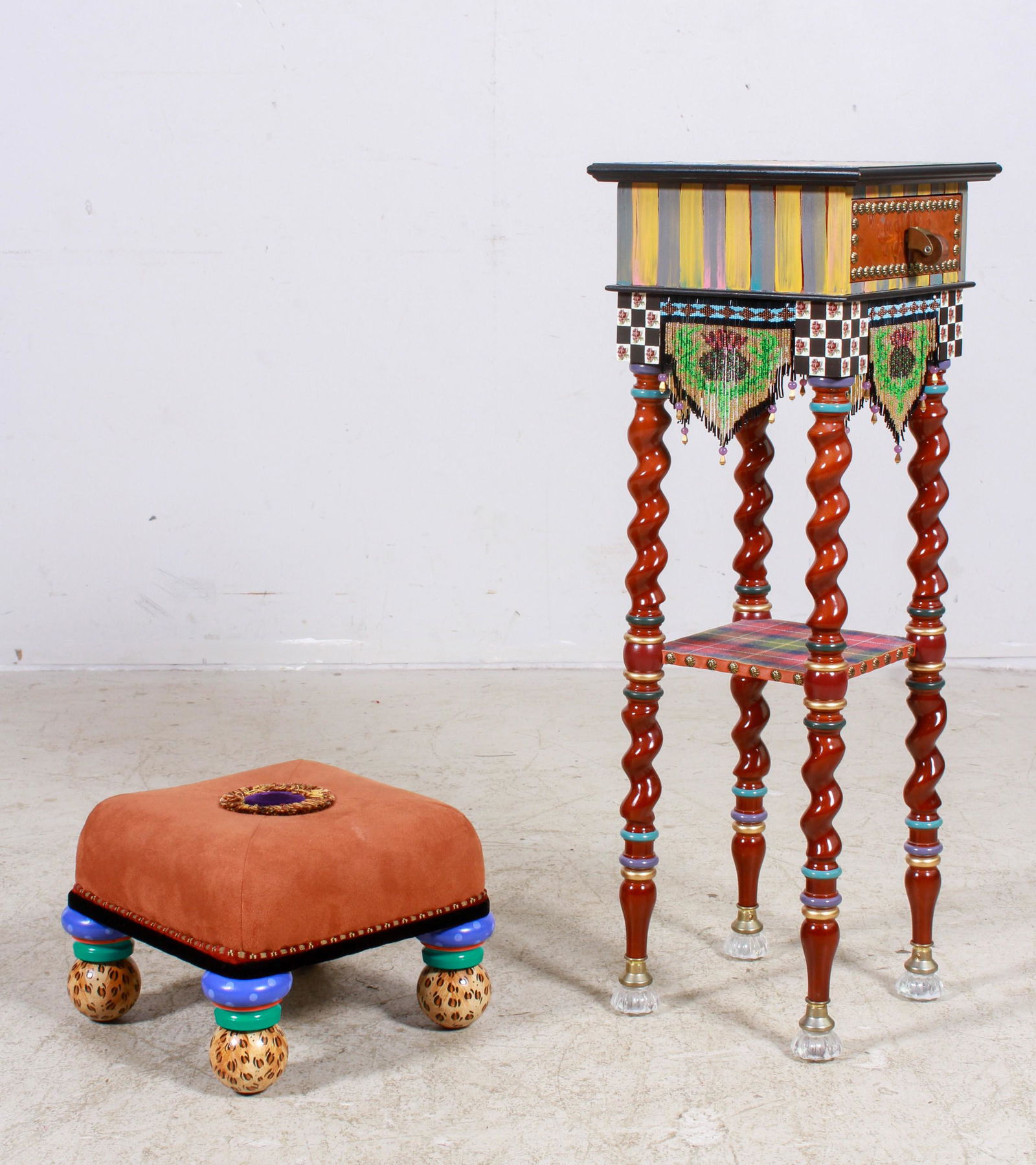 Mackenzie Childs stand, Margaret Romero leather stool (1 of 4)