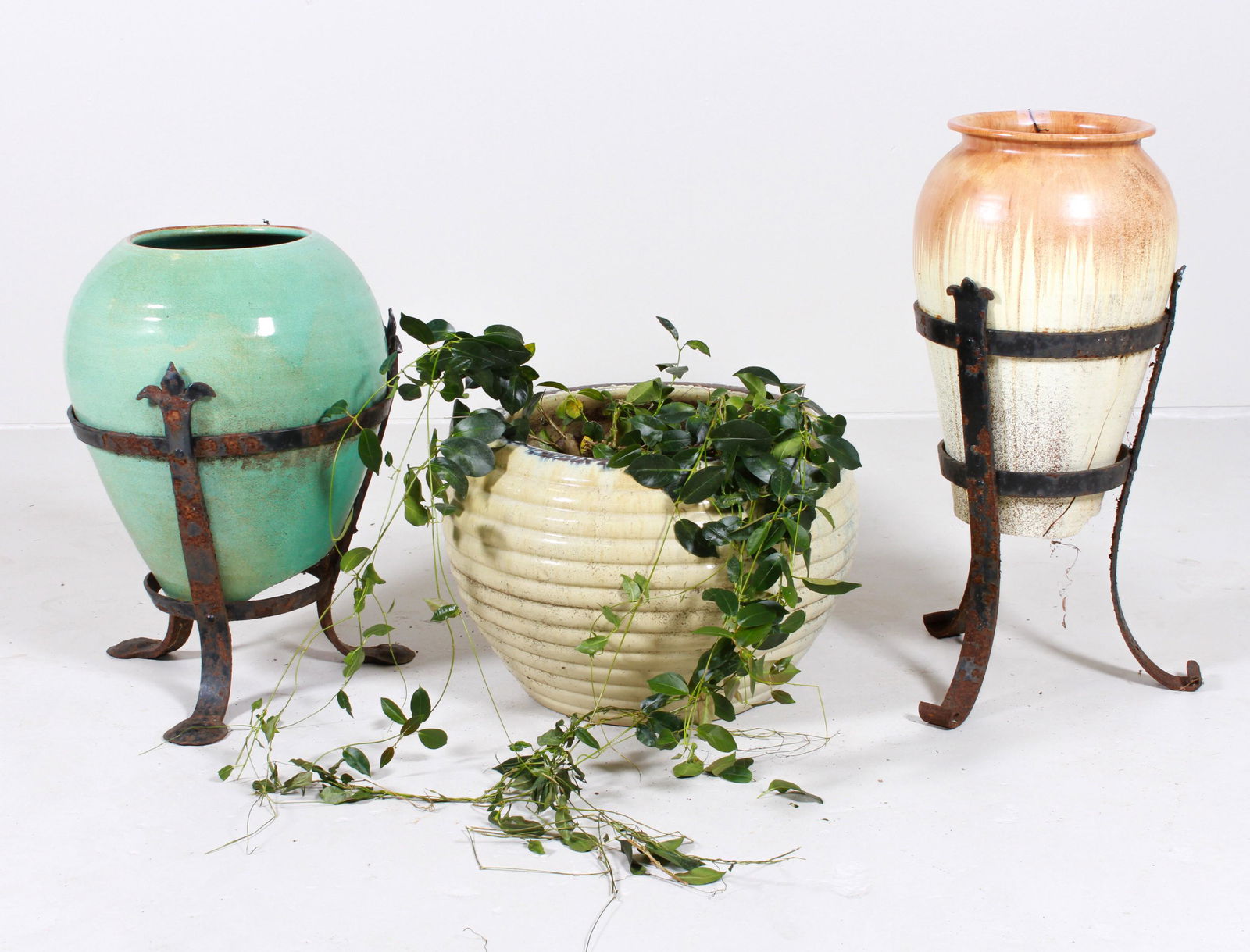 (3) Glazed Pottery planters (1 of 3)