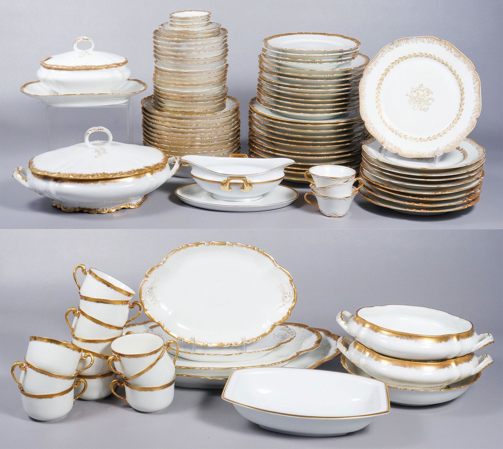 (98) Pcs Gold Trimmed Porcelain Dinnerware: (98) Pcs gold trimmed porcelain dinnerware, assembled set including T&V Limoges, Haviland Limoges, JP Limoges, Rosenthal, some chips, gilt wear, c/o (12) 9-3/4" dinner plates (T&V), (4) 8-3/4" luncheo