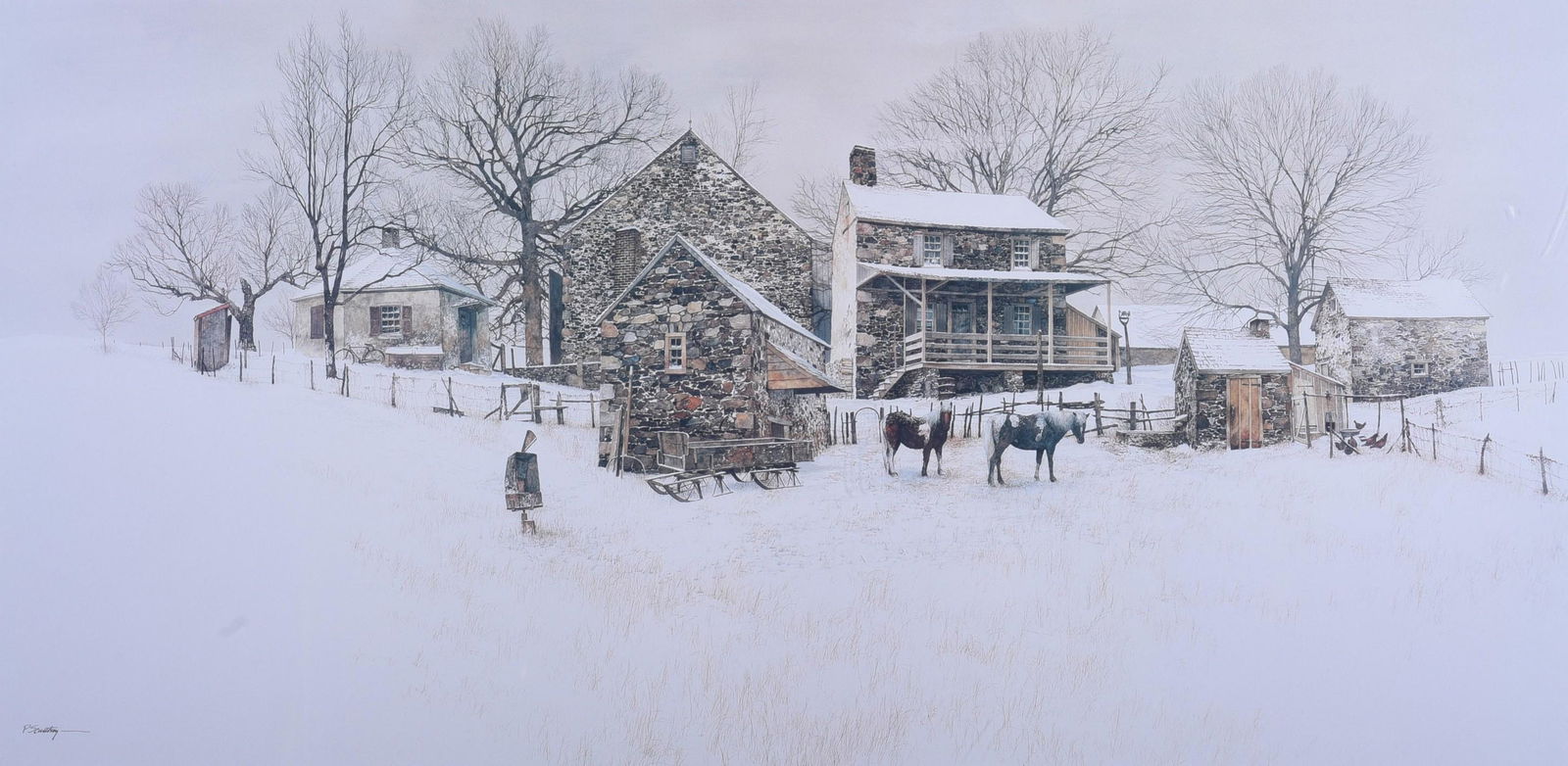 Peter Sculthorpe Signed Lithograph: Peter Sculthorpe (American, b 1948) signed lithograph of a Chester County landscape, pencil signed "P. Sculthorpe", artist proof A.P. #3, 14-1/4" x 29-1/4" x 29-1/4" sight, framed 24-1/4" x 38-1/2', e