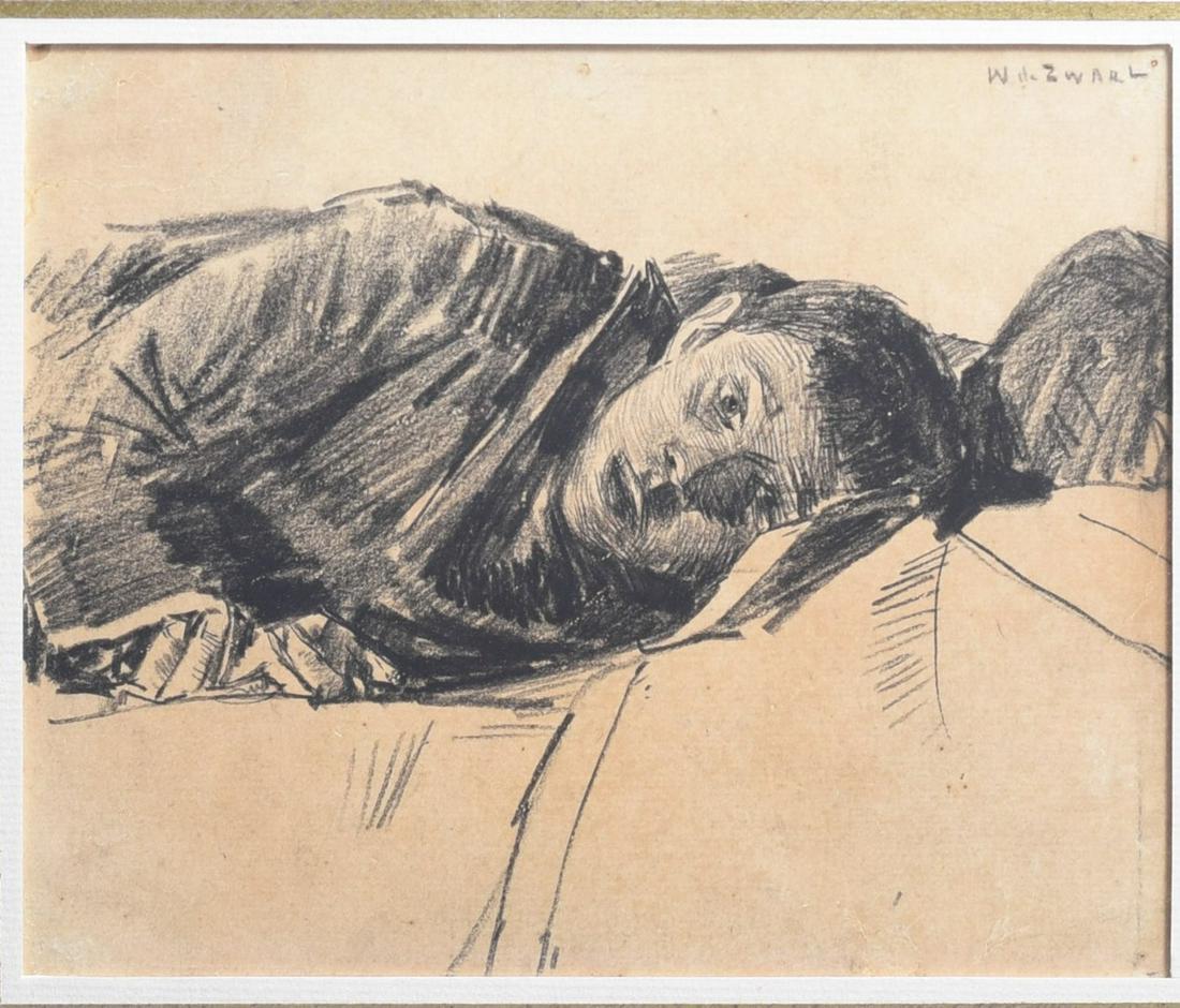 Willem de Zwart Sketch "Boy on Bed": Willem de Zwart (Dutch, 1862-1931) sketch "Boy on Bed", charcoal on paper, signed "W. De Zwart", gallery label on reverse from Frank S. Schwarz, Philadelphia, 5-3/4" x 7" sight, fraemad 13-1/2" x 15-1