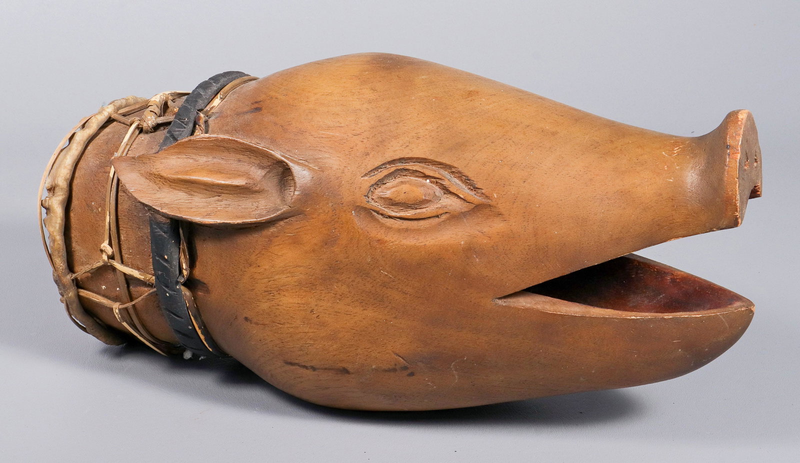 Carved Wood Pig Head Form Drum (1 of 2)