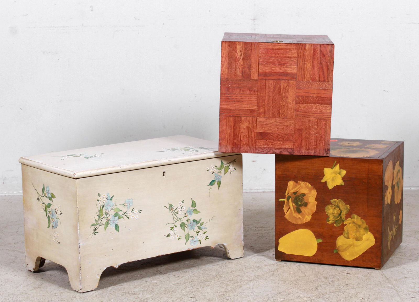 (4) Decorative boxes: Elmwood square lift lid box, along with flower painted lift lid box, floral decorated child's chest with floral paint decoration, largest 14"h x 14"square, elmwood box with water stains