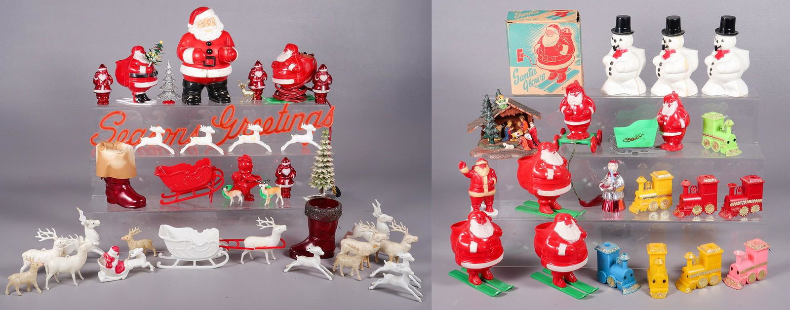 Large Lot of Vintage Hard Plastic Christmas Items: Large lot of vintage hard plastic Christmas items, including Miller Electric Co Glowing Santa (one with original box, only one with light bulb), snowmen, nativity scene, boots, trees, "Seasons Greetin