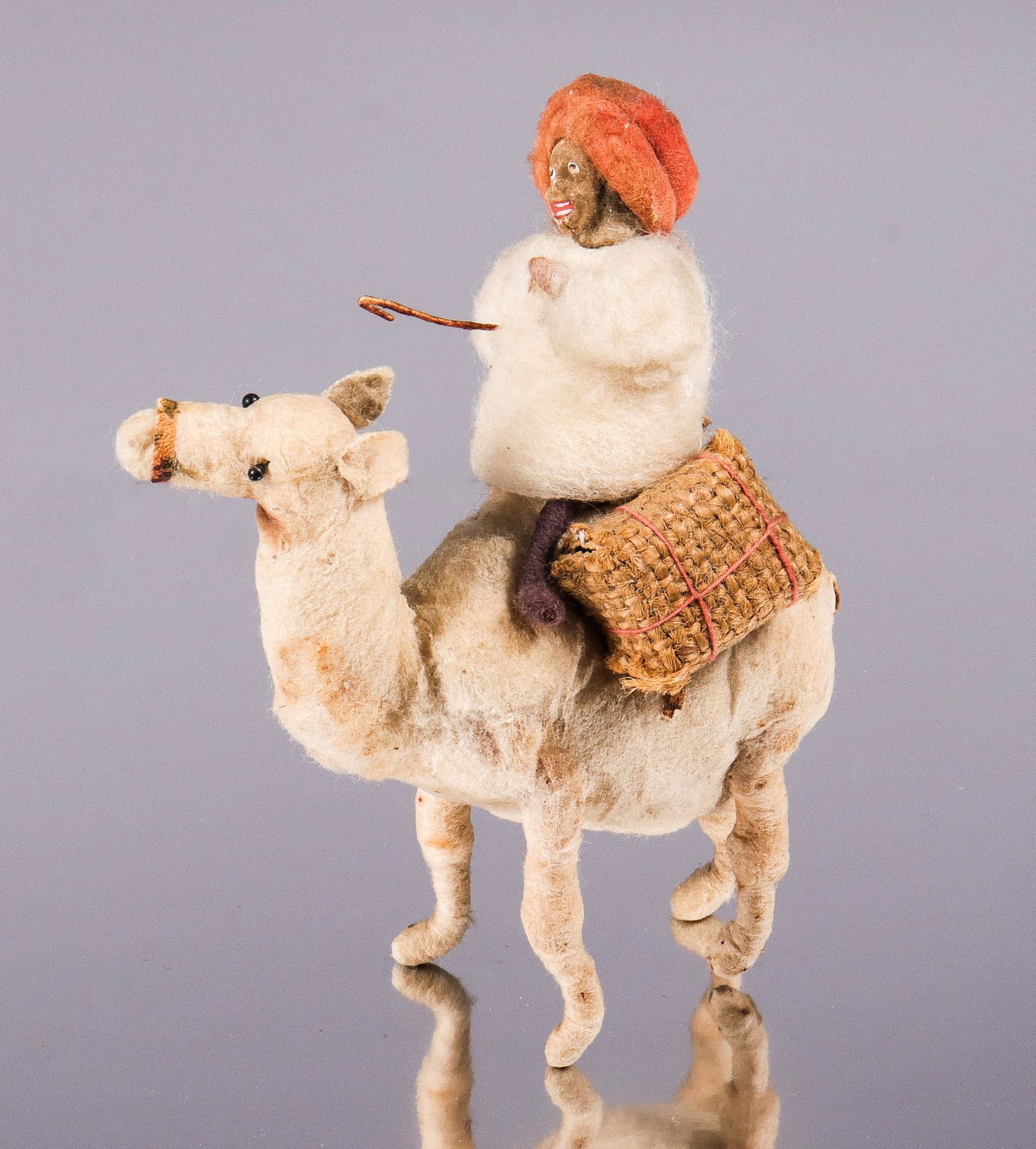 German Spun Cotton Camel & Rider Ornament: German spun cotton camel & rider ornament, 5" h