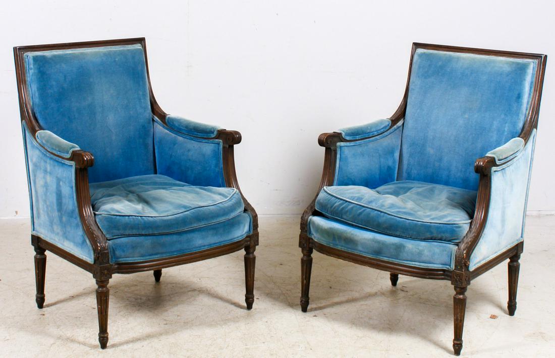Pr 19th c Louis XVI Style carved Bergeres: Pr 19th c Louis XVI Style carved Bergeres, molded square back and arms with acanthus detail with gilt beads, cushion seat, light blue velvet upholstery, 37 1-2 "h, Very good used condition, light wear