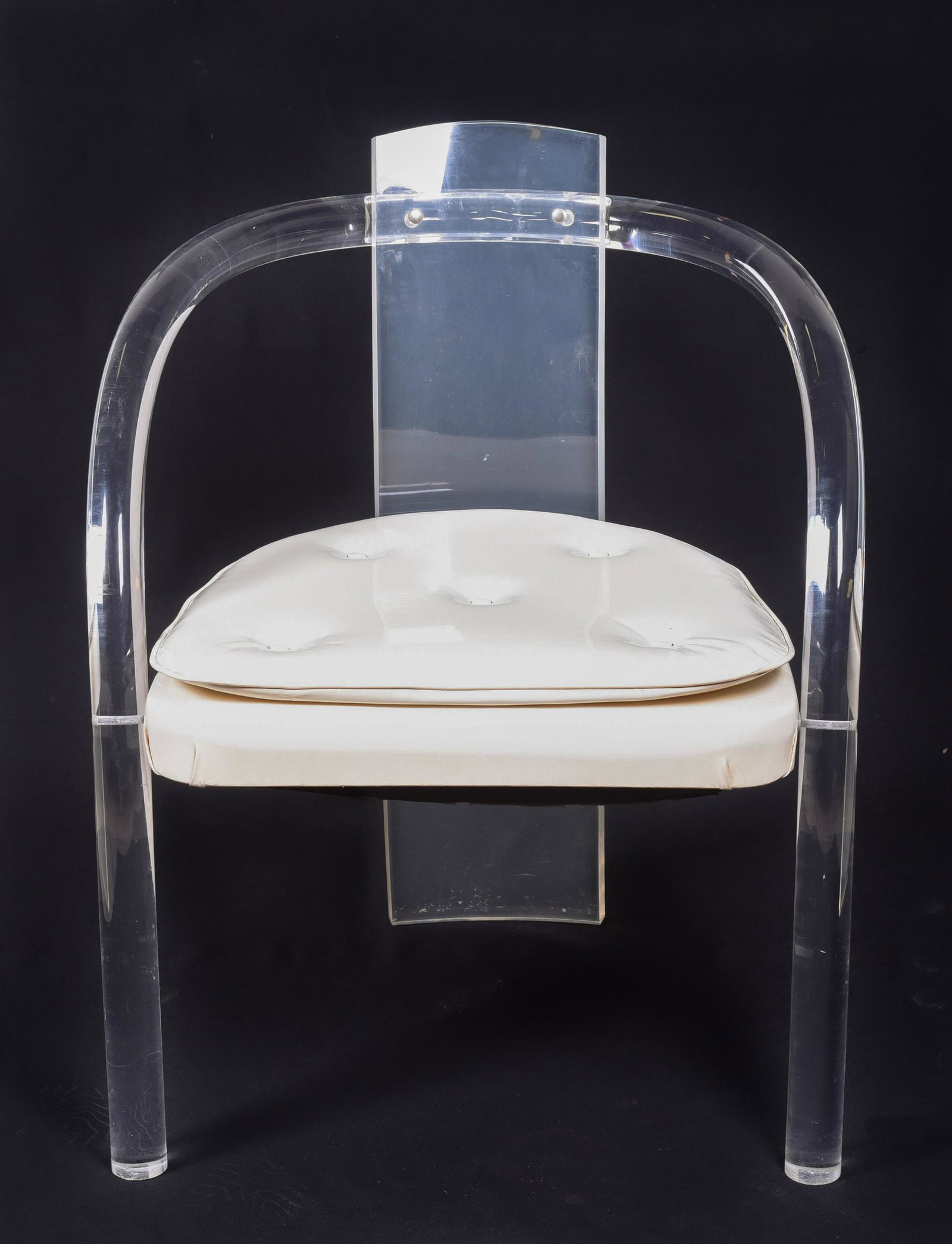 Charles Hollis Jones style lucite open armchair: Charles Hollis Jones style lucite open armchair, white naugahyde tufted seat, Marked Hill Manufacturing Co, 29"h x 24"w x 22"d