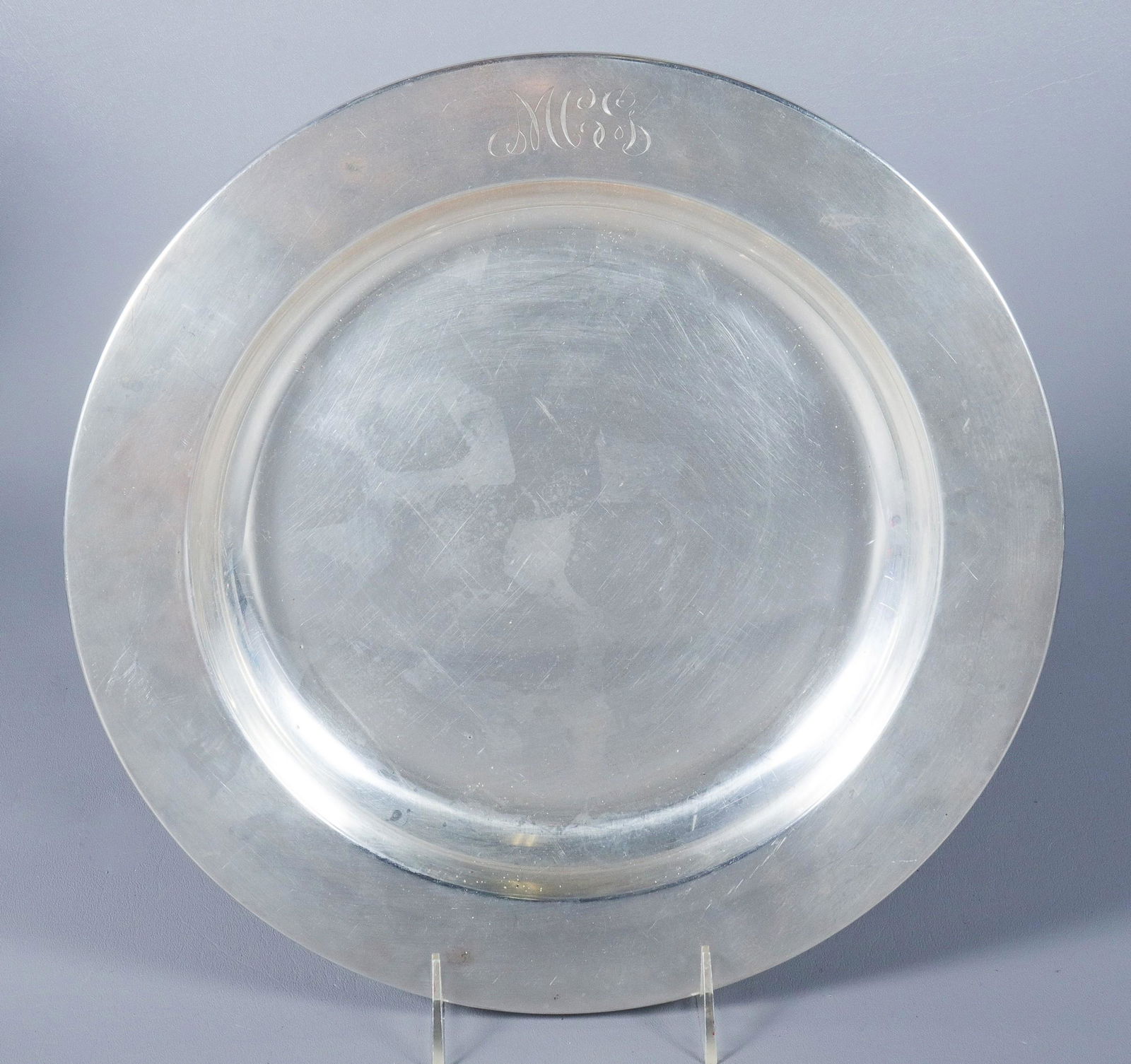 Sterling Wide Rim Serving Tray: Sterling wide rim serving tray, John Coburn Reproduction, Boston 1725-1803, monogram at rim, 25 TO