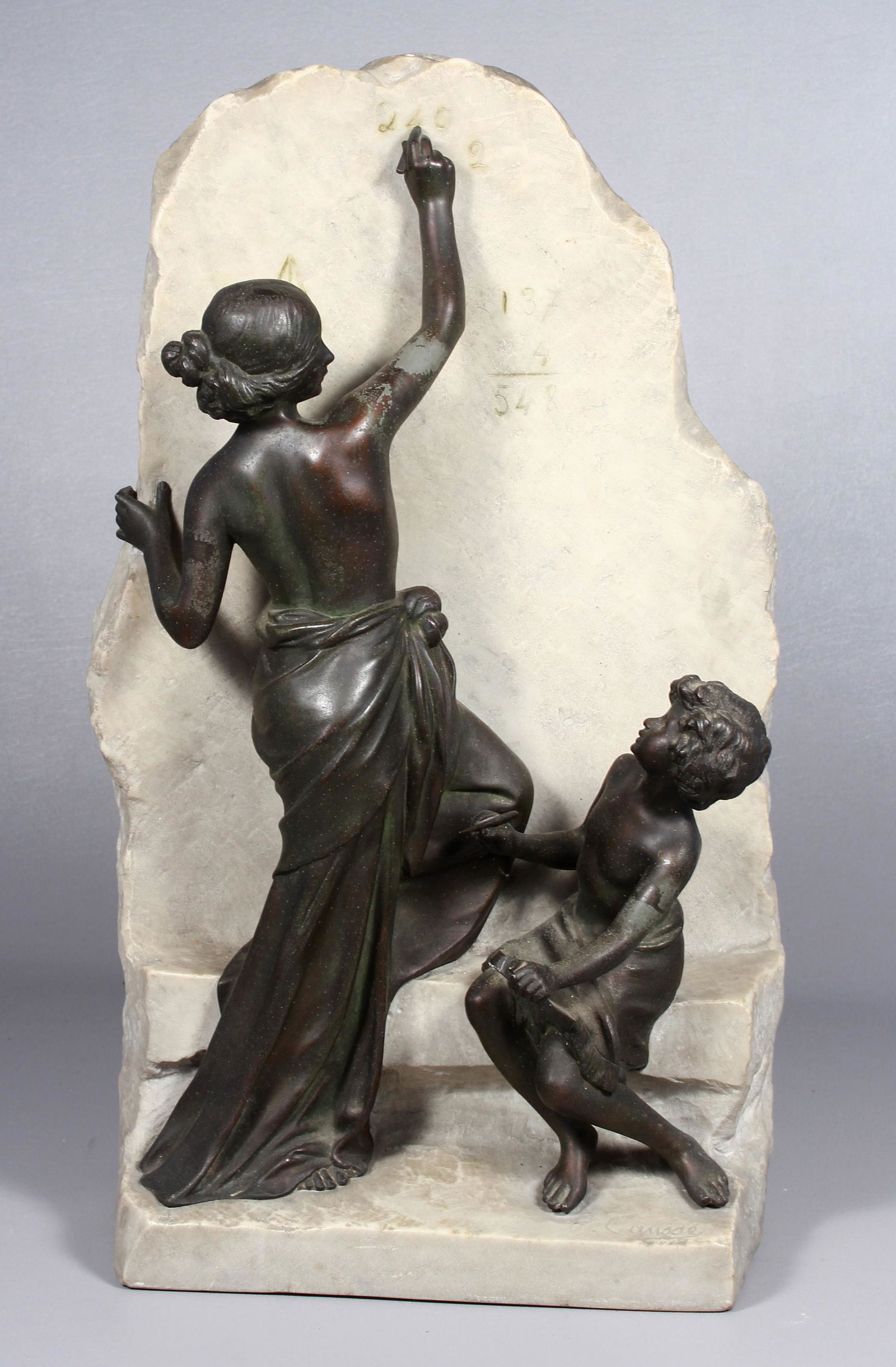 Julien Causse Sculpture "La Lecon": Julien Causse, (French, 1869-1914), Sculpture "La Lecon", spelter with bronze patina and carved marble, signed J. Causse, 22" x 13" x 7-1/2", good condition with wear to finish on figures