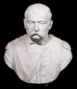 Carved Marble Otto Von Bismarck Bust: Fiorenzo Pugi (France, late 19th-early 20th C), carved marble sculpture, bust of Otto von Bismarck, signed "F Pugi", 24" h, cracks in marble