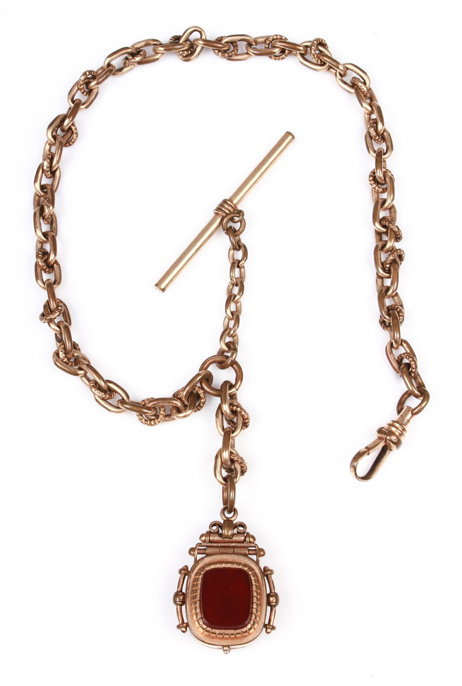 YGF Watch chain & fob: YGF Watch chain & fob, locket fob set with carnelian on both sides, fob 1" high, chain 12" long